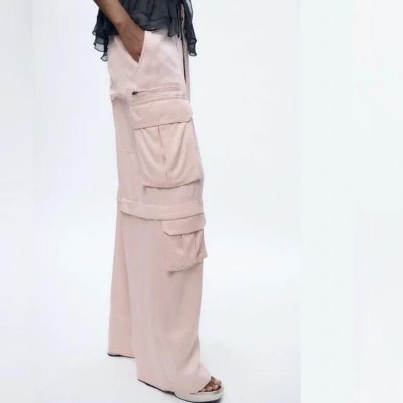 NWT Zara pink satin effect carpenter cargo pants viscose 9663/042/622 medium - Picture 3 of 10